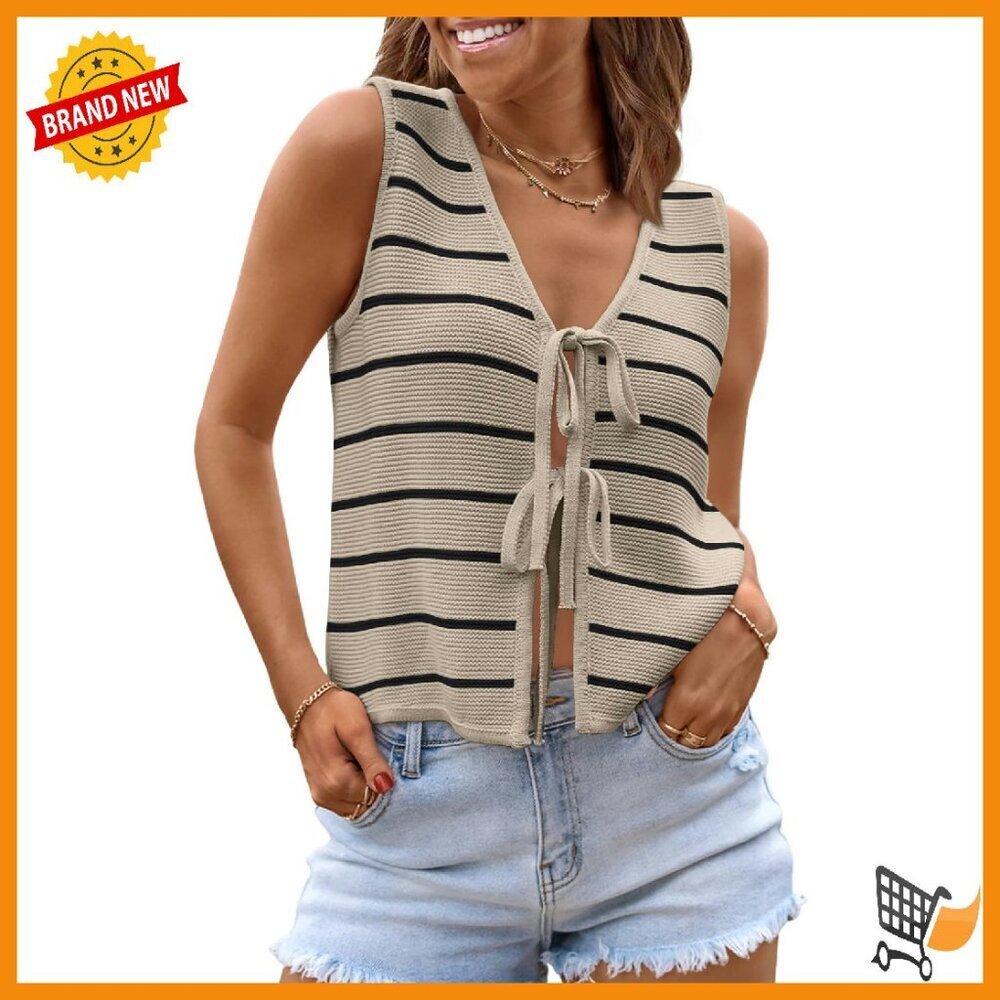 Crochet Sweater Vest Tank Top Tie Front Y2K Summer Beach Coverup